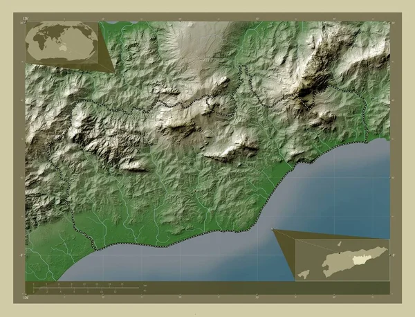 Viqueque Municipality East Timor 用Wiki风格绘制的带有湖泊和河流的高程地图 角辅助位置图 — 图库照片