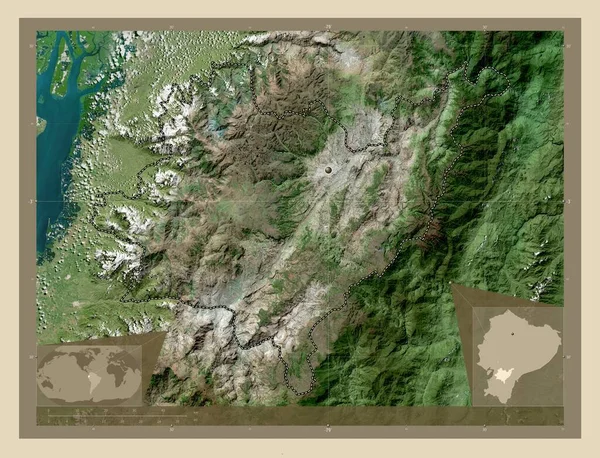 Azuay, province of Ecuador. High resolution satellite map. Corner auxiliary location maps