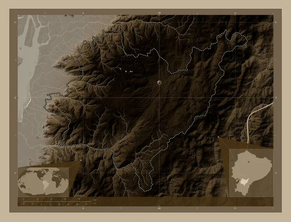 Azuay, province of Ecuador. Elevation map colored in sepia tones with lakes and rivers. Corner auxiliary location maps