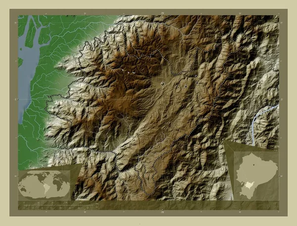 Azuay, province of Ecuador. Elevation map colored in wiki style with lakes and rivers. Locations of major cities of the region. Corner auxiliary location maps