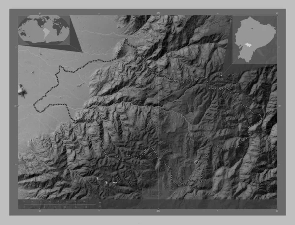 Canar, province of Ecuador. Grayscale elevation map with lakes and rivers. Corner auxiliary location maps