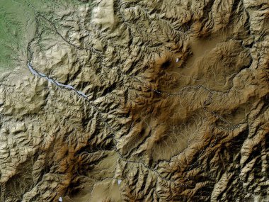 Carchi, Ekvador vilayeti. Yükseklik haritası göller ve nehirlerle wiki stilinde renklendirilmiştir