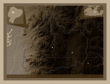 Cotopaxi, Ekvador vilayeti. Yükseklik haritası sepya tonlarında göller ve nehirlerle renklendirilmiş. Köşedeki yedek konum haritaları