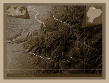 Imbabura, Ekvador vilayeti. Yükseklik haritası sepya tonlarında göller ve nehirlerle renklendirilmiş. Köşedeki yedek konum haritaları