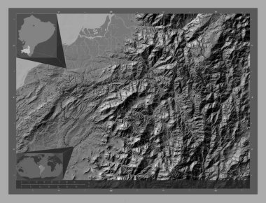 Loja, Ekvador vilayeti. Göllü ve nehirli çift katlı yükseklik haritası. Bölgenin büyük şehirlerinin yerleri. Köşedeki yedek konum haritaları