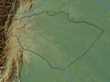Pastaza, Ekvador vilayeti. Gölleri ve nehirleri olan renkli yükseklik haritası