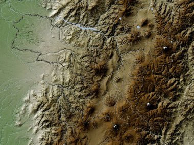 Pichincha, Ekvador vilayeti. Yükseklik haritası göller ve nehirlerle wiki stilinde renklendirilmiştir