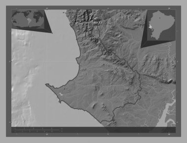 Santa Elena, Ekvador vilayeti. Göllü ve nehirli çift katlı yükseklik haritası. Köşedeki yedek konum haritaları