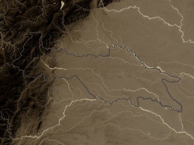Sucumbios, Ekvador vilayeti. Yükseklik haritası sepya tonlarında göller ve nehirlerle renklendirilmiş