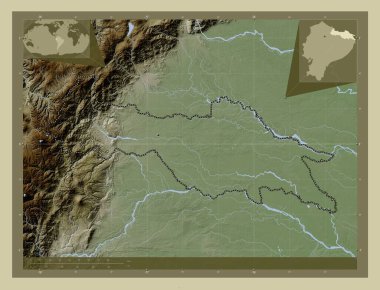 Sucumbios, Ekvador vilayeti. Yükseklik haritası göller ve nehirlerle wiki tarzında renklendirilmiş. Köşedeki yedek konum haritaları