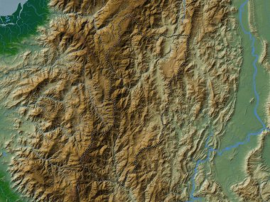 Zamora Chinchipe, Ekvador vilayeti. Gölleri ve nehirleri olan renkli yükseklik haritası