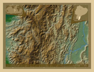 Zamora Chinchipe, Ekvador vilayeti. Gölleri ve nehirleri olan renkli yükseklik haritası. Bölgenin büyük şehirlerinin yerleri ve isimleri. Köşedeki yedek konum haritaları