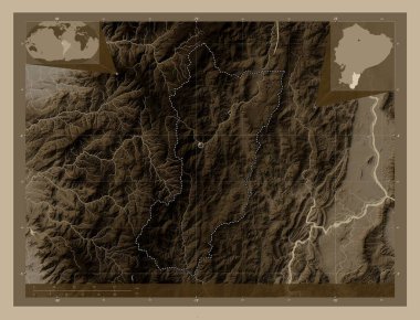 Zamora Chinchipe, Ekvador vilayeti. Yükseklik haritası sepya tonlarında göller ve nehirlerle renklendirilmiş. Bölgenin büyük şehirlerinin yerleri. Köşedeki yedek konum haritaları