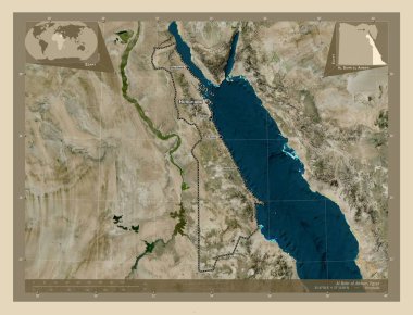 Al Bahr al Ahmar, Mısır Valisi. Yüksek çözünürlüklü uydu. Bölgenin büyük şehirlerinin yerleri ve isimleri. Köşedeki yedek konum haritaları