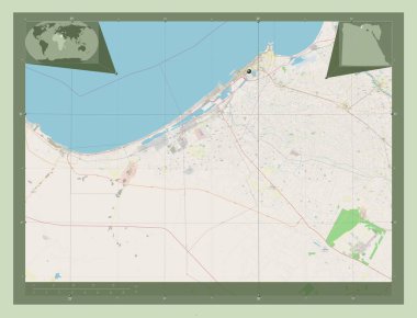 Al Iskandariyah, Mısır Valisi. Açık Sokak Haritası. Bölgenin büyük şehirlerinin yerleri. Köşedeki yedek konum haritaları