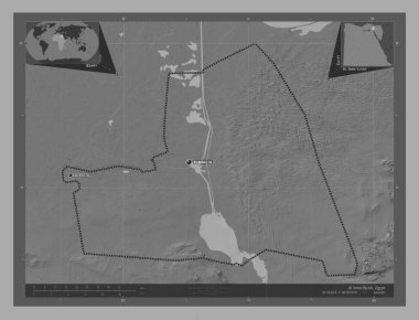 Al İsma 'iliyah, Mısır Valisi. Göllü ve nehirli çift katlı yükseklik haritası. Bölgenin büyük şehirlerinin yerleri ve isimleri. Köşedeki yedek konum haritaları
