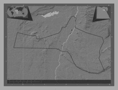 Bani Suwayf, Mısır Valisi. Göllü ve nehirli çift katlı yükseklik haritası. Bölgenin büyük şehirlerinin yerleri. Köşedeki yedek konum haritaları