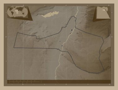 Bani Suwayf, Mısır Valisi. Yükseklik haritası sepya tonlarında göller ve nehirlerle renklendirilmiş. Bölgenin büyük şehirlerinin yerleri. Köşedeki yedek konum haritaları