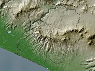 Ahuachapan, El Salvador Departmanı. Yükseklik haritası göller ve nehirlerle wiki stilinde renklendirilmiştir