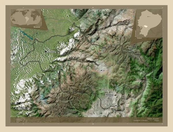 Canar, province of Ecuador. High resolution satellite map. Locations and names of major cities of the region. Corner auxiliary location maps