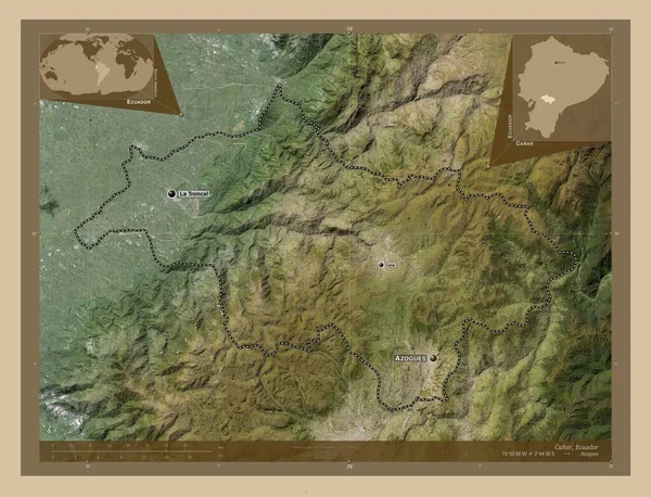エクアドルのカナル県 低解像度衛星地図 地域の主要都市の位置と名前 コーナー補助位置図 — ストック写真