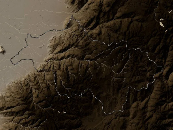 Canar, province of Ecuador. Elevation map colored in sepia tones with lakes and rivers