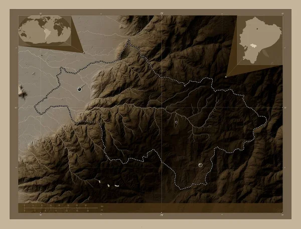 Canar, province of Ecuador. Elevation map colored in sepia tones with lakes and rivers. Locations of major cities of the region. Corner auxiliary location maps