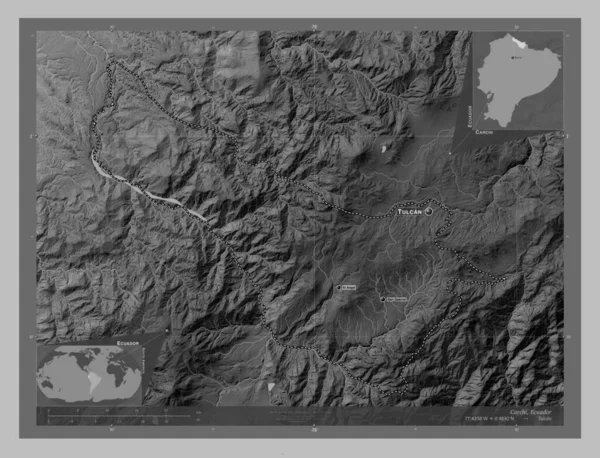 Carchi Provincie Ecuador Grayscale Hoogte Kaart Met Meren Rivieren Locaties — Stockfoto
