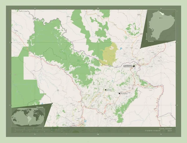 エクアドルの州カルチ ストリートマップを開く 地域の主要都市の位置と名前 コーナー補助位置図 — ストック写真
