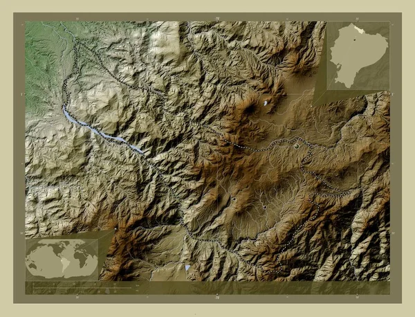 Carchi, province of Ecuador. Elevation map colored in wiki style with lakes and rivers. Locations of major cities of the region. Corner auxiliary location maps
