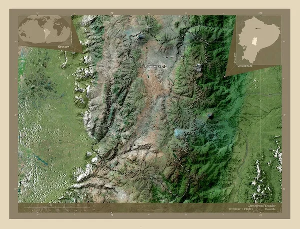 エクアドルのチンボラソ州 高解像度衛星地図 地域の主要都市の位置と名前 コーナー補助位置図 — ストック写真