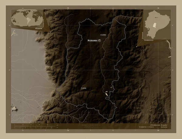 Chimborazo, province of Ecuador. Elevation map colored in sepia tones with lakes and rivers. Locations and names of major cities of the region. Corner auxiliary location maps