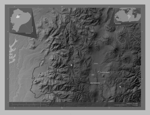 Cotopaxi Prowincja Ekwador Mapa Wzniesień Skali Szarości Jeziorami Rzekami Lokalizacje — Zdjęcie stockowe