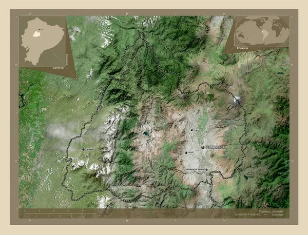厄瓜多尔省Cotopaxi 高分辨率卫星地图 该区域主要城市的地点和名称 角辅助位置图 — 图库照片