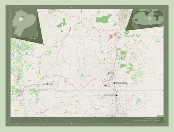 厄瓜多尔省Cotopaxi 开放街道地图 该区域主要城市的地点和名称 角辅助位置图 — 图库照片