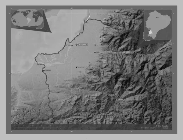 El Oro, province of Ecuador. Grayscale elevation map with lakes and rivers. Locations and names of major cities of the region. Corner auxiliary location maps