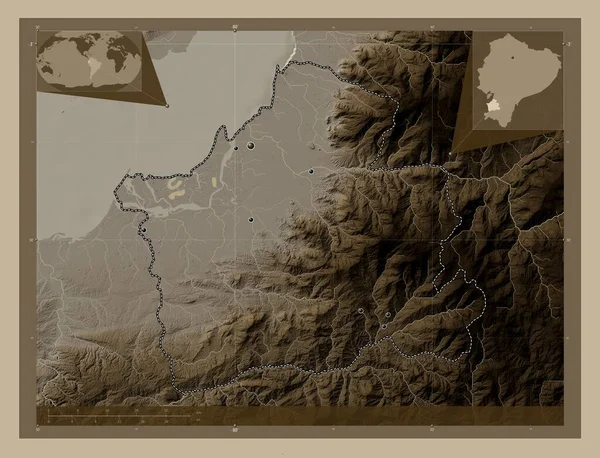 El Oro, province of Ecuador. Elevation map colored in sepia tones with lakes and rivers. Locations of major cities of the region. Corner auxiliary location maps