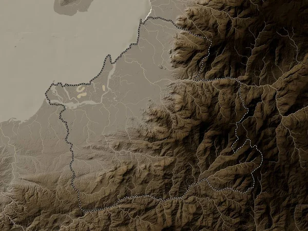El Oro, province of Ecuador. Elevation map colored in sepia tones with lakes and rivers