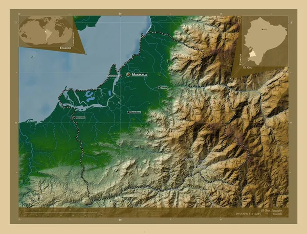 Oro Provincia Ecuador Mapa Elevación Colores Con Lagos Ríos Ubicaciones —  Fotos de Stock