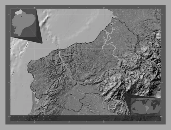 Esmeraldas, province of Ecuador. Bilevel elevation map with lakes and rivers. Locations of major cities of the region. Corner auxiliary location maps