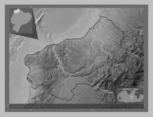 Esmeraldas Prowincja Ekwador Mapa Wzniesień Skali Szarości Jeziorami Rzekami Lokalizacje — Zdjęcie stockowe