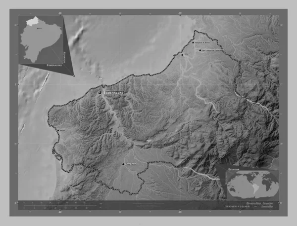 Esmeraldas, province of Ecuador. Grayscale elevation map with lakes and rivers. Locations and names of major cities of the region. Corner auxiliary location maps