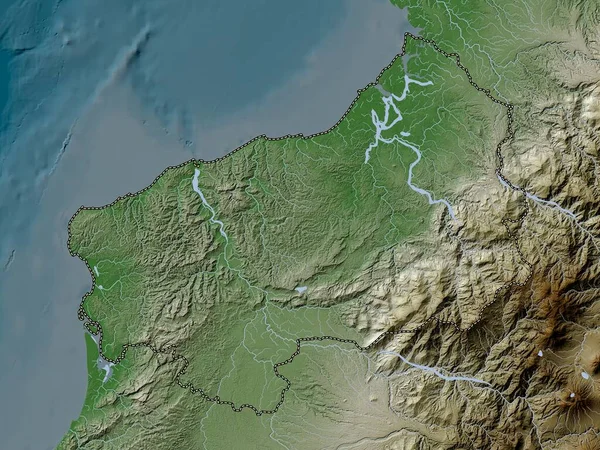 Esmeraldas, province of Ecuador. Elevation map colored in wiki style with lakes and rivers