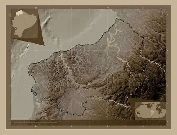 Esmeraldas, province of Ecuador. Elevation map colored in sepia tones with lakes and rivers. Corner auxiliary location maps