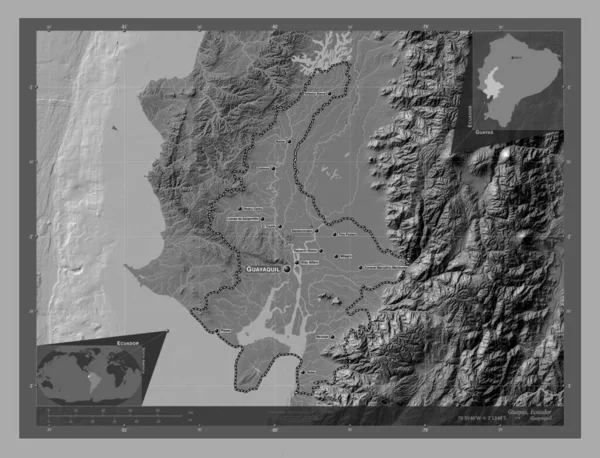 Guayas, province of Ecuador. Bilevel elevation map with lakes and rivers. Locations and names of major cities of the region. Corner auxiliary location maps