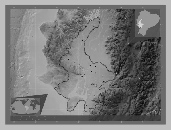 Guayas Provincie Ecuador Grayscale Hoogte Kaart Met Meren Rivieren Locaties — Stockfoto