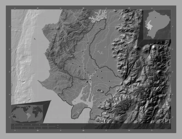 厄瓜多尔的瓜亚斯省 带湖泊和河流的比尔维尔高程图 该区域主要城市的所在地点 角辅助位置图 — 图库照片