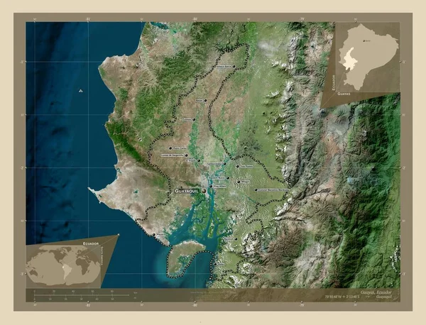 厄瓜多尔的瓜亚斯省 高分辨率卫星地图 该区域主要城市的地点和名称 角辅助位置图 — 图库照片