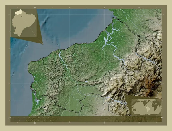 Esmeraldas, province of Ecuador. Elevation map colored in wiki style with lakes and rivers. Corner auxiliary location maps