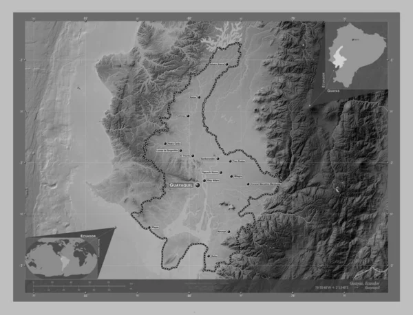 Guayas, province of Ecuador. Grayscale elevation map with lakes and rivers. Locations and names of major cities of the region. Corner auxiliary location maps